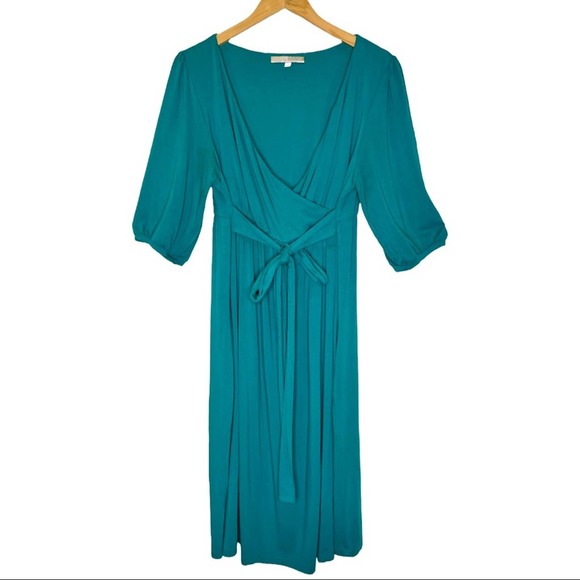 Olivia Harper Teal Milly Faux Wrap 3/4 Sleeve Dress Midi Dress 1X - Picture 1 of 6